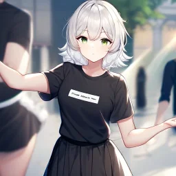 Clear focus, High resolution, light grey short hair, dark green eyes, wearing a black t-shirt and black skirt, fluffy hair, detailed outfit, really fluffy hair