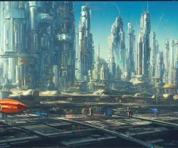 A docked Spaceship in the foreground on a Spaceport on a heavy industrialized planet with a vibrant city in the background, a docked spaceship in the foreground, art by John Berkey, buildings with glass facades, brutalist architecture, insanely detailed, vibrant, 8k uhd, cinematic atmosphere, ultra-wide angle, street level view, brush strokes, blue sky with clouds, sharp focus