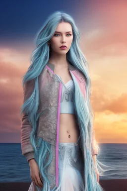 half body shot,realistic portrait of a 20-25 old caucasian model, long blue pink flowing hair, great grey eyes, blue leather jacket,full body, short white skirt,long legs,standing at beach of very nive lake with sunset ,clouds,godrayes