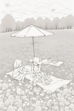 outline aPicnic in the Flower Field: Create a coloring page picnicking among colorful spring flowers. no people, White background. sketch style, clean line art, white background, no shadow and clear no people