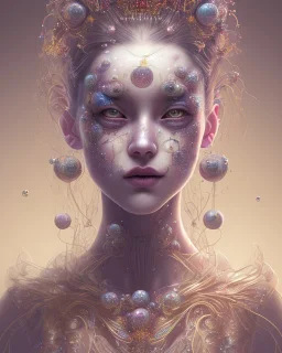 head and shoulders portrait of a woman with bubbles/orbs on her head, face paint, jester hat, sad expression, Takato Yamamoto artist, Akiya Kageichi artist, Jedediah Berry inspired, 8k resolution concept art portrait, dynamic lighting, hyperdetailed, intricately detailed, maximalist, beautiful, peaceful