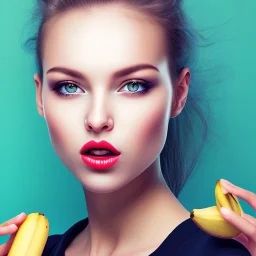 A young woman’s face while she eats a banana