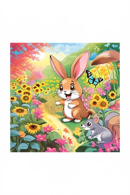 The cute bunny excitedly looks at a bright yellow sunflower in the colorful garden, the beautiful butterfly and friendly squirrel are in the picture, child book illustration style, faces must be the same as reference image