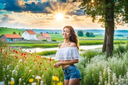 Young woman in flower field in country side ,river, houses,blue sky ,nice clouds,god rays