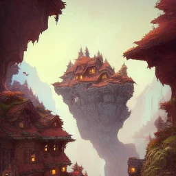 Chalet on bridges between chasm,mountains cliff+detailed facades+beautiful,richly detailed houses,trees,ornamental flowers +uphill road+biopunk+Book illustration by Gediminas Pranckevičius, Jean Baptiste Monge, Brian Kesinger, Anton fadeev, strong lines, high contrast vibrant colors, highly detailed, 16k resolution