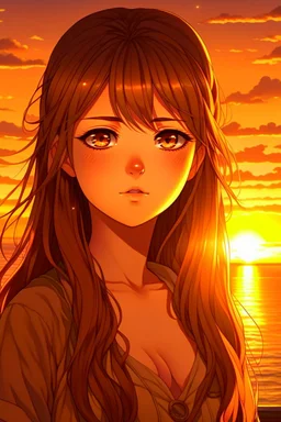 (image: An anime character with flowing hair and intense eyes, standing against a picturesque sunset), Descriptive Keywords: Anime Character, Flowing Hair, Intense Eyes, Sunset, Beauty, Ultra Realistic, Anime, Anime Character Type: Heroine, Camera Lens Type: Wide-angle lens, Camera Aperture Settings: f/2.8, Time of Day: Golden Hour (evening), Style of Anime Character: Strong and Determined, Type of Film: Digital