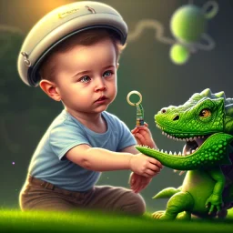 1yo little szymon is on safari onthe moon. petting a green dinosaur. he has big binoculars and a funny hat. High detailed. Cinematic. Digital painting. Warm lights.