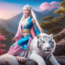 (masterpiece, best quality, 8k, RAW photo, beautiful and aesthetic:1.2), complex detail, Indirect light, photorealistic, (((full body))), 2 Gorgeous Cosmic asian goddess smiling, long curved white hair, blue eyes, Mixed, sci-fi and traditional asian outfit with pink velvet and white furs, riding a white tiger in a colorfull Sci-Fi environment with bokeh