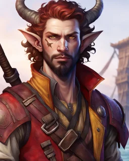 male humanoid tiefling, pirate, pale white skin, yellow eyes, soft purple lighting, round face, short ears, short beard goatee, functional clothes, red coat