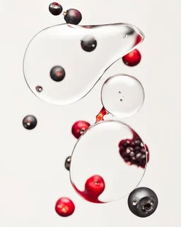 pomegranate seeds behind water drops on a white background