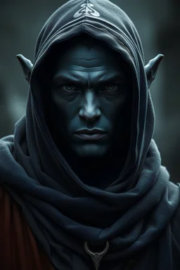 Portrait of a dark elf dark skin male hooded