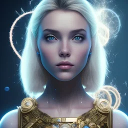 slightly smiling blonde pretty yoga artist, plain hair with blue sparks, labyrinth background , levitated lab equipment, 4k, Highly Detailed, Masterpiece, perfect eyes, Digital Illustration, Cinematic Lighting, Realistic, Sharp Focus, Centered, Beautifully Lit, Bioluminescent by Stanley Artgerm Lau