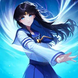 Clear focus, High resolution, girl wearing a purple sailor moon outfit, long fluffy black hair, blue eyes, wearing a sailor uniform skirt including color and length