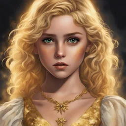 La couverture présente Permelia, une adolescente blonde boucle d'or aux traits marqués par la tristesse et la peur, arborant une grande broche dorée sur sa robe. Ses yeux sombres expriment une profonde détresse, tandis qu'une lueur dorée émane au-dessus d'eux, symbolisant le déclencheur de la tragédie. L'atmosphère du village est chargée de désespoir et de méfiance, soulignant le contraste entre la lumière et l'obscurité, la beauté et la laideur.