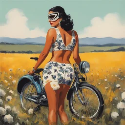 [art by Mil Mascaras] she is in the fields on a bike in cotton agent provocateur, she looks back over her shoulder; rear view