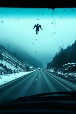 surreal gloomy mountain road seen through a dirty truck front window, dirty blue snow and wind, angel hanging