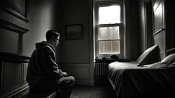 The image portrays a moment of isolation and reserve, with a young man sitting alone in his room. The young man's face is marked by a focused and contemplative expression, and it is evident that he is holding himself tightly, perhaps as a reaction to his fears or hesitations about facing the outside world. The young man might be embracing that moment as a shield or barrier, reflecting his need for protection or his desire to distance himself from uncomfortable situations. The room could be quie