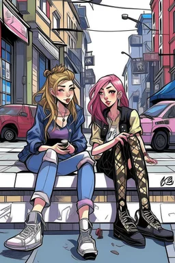 çizgi roman tarzıiki kız beraber sokakta oturuyorlar yaşları daha büyük liseliler daha renkli kızlardan birinin saçı kabarık diğerininki ise biraz uzun geniş açı ikisininde vücudu tam görünsün 2 boyutlu çizgi roman tarzı koyu gölgelendirme ayakları düzelt