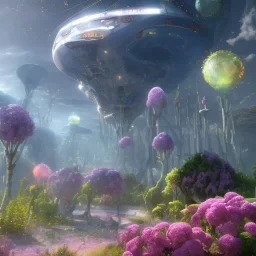 Spaceship landed on futuristic planet, sunny day. clear blue sky, cascade, flowers. Elegant. Extremely detailed. Award winning photography. Fantasy. 8k. Cinematic lighting. Photorealistic. Dynamic lighting. Imperial colors. Crisp quality. Unreal Engine. Colourful cinematic postprocessing. Pixar. VRay.