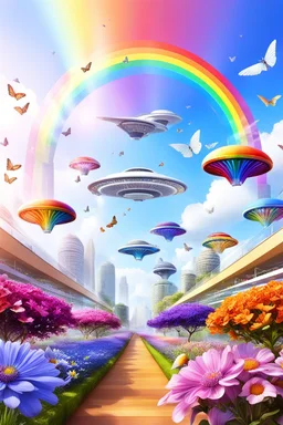 colors, very beautiful, flowers garden,rainbow, cité très futuriste ultra moderne, ufos rainbow, ufos fleet, intergalactic, birds, butterfly