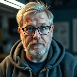 cool blonde hair blonde eyes guy 55 years old rodfessor big fat, smart,,, film maker director,,, wearing glasses yound in a hoody talking about philiophy ton his friends, avatar style life realism