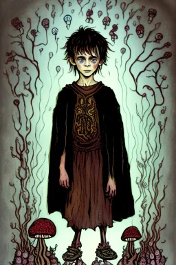 7 year old boy, friendly, looks dead, with weird mushrooms growing out of him, wearing black robes, in the style of Clive Barker