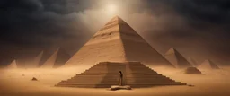 Hyper Realistic haunted view of statue of Egyptian Pyramids with sandstorm at dark night with pharaoh coffins