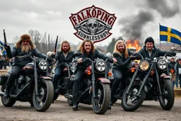 a very hard and tuff motorcycle young gang with Keltic hair , not old, posing with their Harley Davidsson bikes, some of them holding guns and shotguns, a logo sign with "FALKÖPING HD", "FEARLESS SINNERS" Skulls and bones, skeletons and fire, Swedish town Falköping in background, Swedish flags on bikes, Simon Stålenhag style