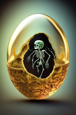 a haunting image of an embryonic human skeleton emerging from a cracked egg