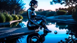 fantasy photo of a woman in an android looking catsuit, with black hair, sitting on a ledge over a pond, wearing an android-looking catsuit, sideways, with a planet behind her