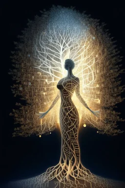 a tree made of equations turning into a goddess of light