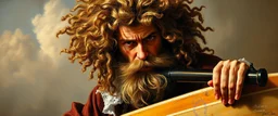 master oil painting by Rembrandt, shotgun mozart with wig, looking hot and crazy on a surfboard