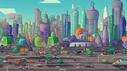 shot from ground level, busy alien town, with people, alien buildings, curved roads, vehicles, and spaceships