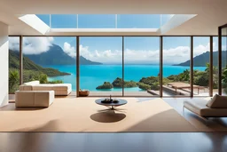 a minimalist interior of a house located on the heights of Tahiti. With a view over the lagoon through large windows. There is a crusing ship in the back ground.