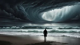 A lone figure stands on a deserted beach, gazing out at a turbulent ocean under a stormy sky. The figure's silhouette is stark against the dramatic backdrop, emphasizing a sense of isolation. The inner world is suggested by subtle, swirling colors within the silhouette, contrasting with the harsh reality of the external environment. Rendered in a photorealistic style with intense atmospheric lighting, capturing the raw power of nature and the quiet solitude, surreal, weird