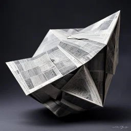 [in outer space with celestial objects by Rogelio Bernal Andreo] Creating an origami satellite made of newspapers? Now that's a challenge. Imagine folding the newspaper pages with precision, forming intricate creases to mold the shape of a satellite floating in space. The black and white print of the newspaper adds a unique texture to the origami creation, giving it a rustic and artistic look. The satellite's solar panels delicately crafted from news headlines, its antennas made from classified