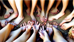 surrounded by women with bare feet