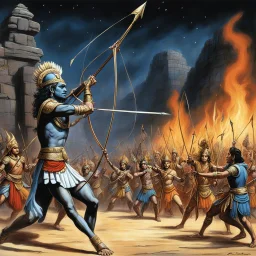 [art by Ray Harryhausen] the archery contest in the Mahabharata, where Arjuna's skills with the bow and arrow shine brightly, is a moment of both awe and jealousy. Let me recount the details of this remarkable event where Arjuna's prowess dazzles all who witness it, especially stoking the flames of jealousy in Duryodhana's heart.