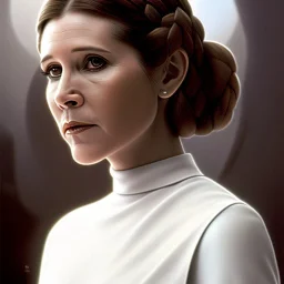  half-length portrait, three-quarter face pose of carrie fisher as Princess Leia in star wars with photo realistic fine and very simple hairstyle, brown eyes, eos5d mark 4, ef 85mm 5.6, professional majestic photo realistic painting by Ed Blinkey, Atey Ghailan, by Jeremy Mann, Greg Manchess, Antonio Moro, trending on ArtStation, Intricate, High Detail, Sharp focus, dramatic, by greg rutkowski, realism, beautiful and detailed lighting,