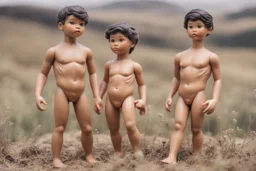 Plastic naked boy dolls that are located in the plains and hills. like oil painting