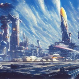 Spaceport on a heavy industrialized planet with a vibrant city in the background and a starting spaceship in the foreground, art by John Berkey, buildings with glass facades, insanely detailed, vibrant, 8k uhd, cinematic atmosphere, ultra-wide angle, street level view, brush strokes, blue sky with clouds, sharp focus