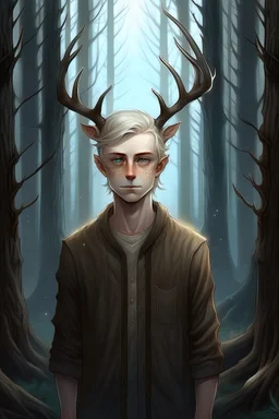 A mysterious portrait of a teen boy a with elegant antlers standing amongst a tall trees in a dark forest, pale skin, long silver hair, lean and athletic, simple clothing, dark background, glowing light above, delicate line work, intricate details,
