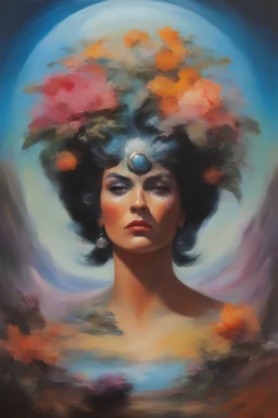 mugshot, Planet of the Vulcans, multicolored, large, floral designs, atmospheric, beautiful, oil painting by Frank Frazetta, 4k UHD, Photorealistic, professional quality