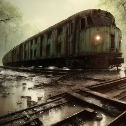an abandoned train on tracks falling apart and overgrown by nature with large puddles of water flooding part of tracks, 8k resolution, high-quality, fine-detail, intricate, digital art, detailed matte, volumetric lighting, illustration, 3D octane render, brian froud, howard lyon, selina french, anna dittmann, annie stokes, lisa parker, greg rutowski