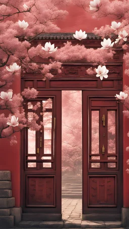 Multi-exposure 3D photographic images, close-up of beautiful magnolia flowers in the foreground, red walls of ancient buildings in Chinese style, carved ancient wooden doors and windows backgrounds, ghosting, superimposing, and conjuring up beautiful dreamy phantoms.