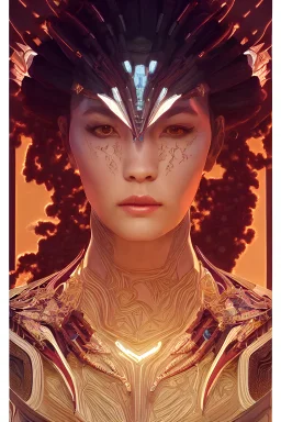symmetry!! portrait two headed ofobsidian fire and thunder alien in the style of horizon zero dawn, machine face, intricate, elegant, highly detailed, digital painting, artstation, concept art, smooth, sharp focus, illustration, art by artgerm and greg rutkowski and alphonse mucha, 8k
