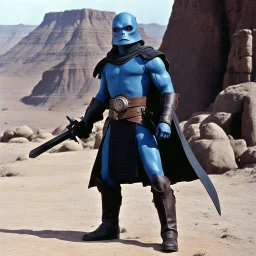[high res photo of a movie by Ray Harryhausen] confident Hullabaloo Higitus Figitus Fantomas the blue alienin as a Wasteland Warrior, in leather outfit, he has incredible weapons