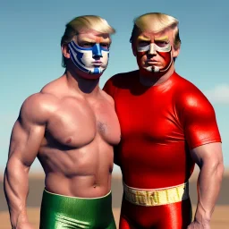 Realistic image of Donald trump wrestler, Mexican wrestling style, Mexican wrestling mask for eyes, red and blue breeches, glow us flag dress, suspenders, retro style, 80s, vibrant color, highly detailed, sky background, concept art, unreal engine 5, god rays, ray tracing, RTX, lumen lighting, ultra detail, volumetric lighting, 3d, finely drawn, high definition, high resolution.