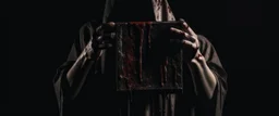 a faceless woman covered in blood holding up an empty black box