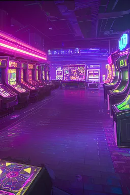 A dark photo of a full panoramic view an 80's aesthetics arcade at night, with a lot of functioning arcade machines, a vaporwave floor and some colorful tiles in between the floor. Purple aesthetics.